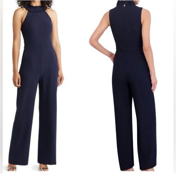 Eliza J Straight Leg Ruffle Halter Neck Jumpsuit Sleeveless Navy Size 12 NWT - Picture 1 of 12